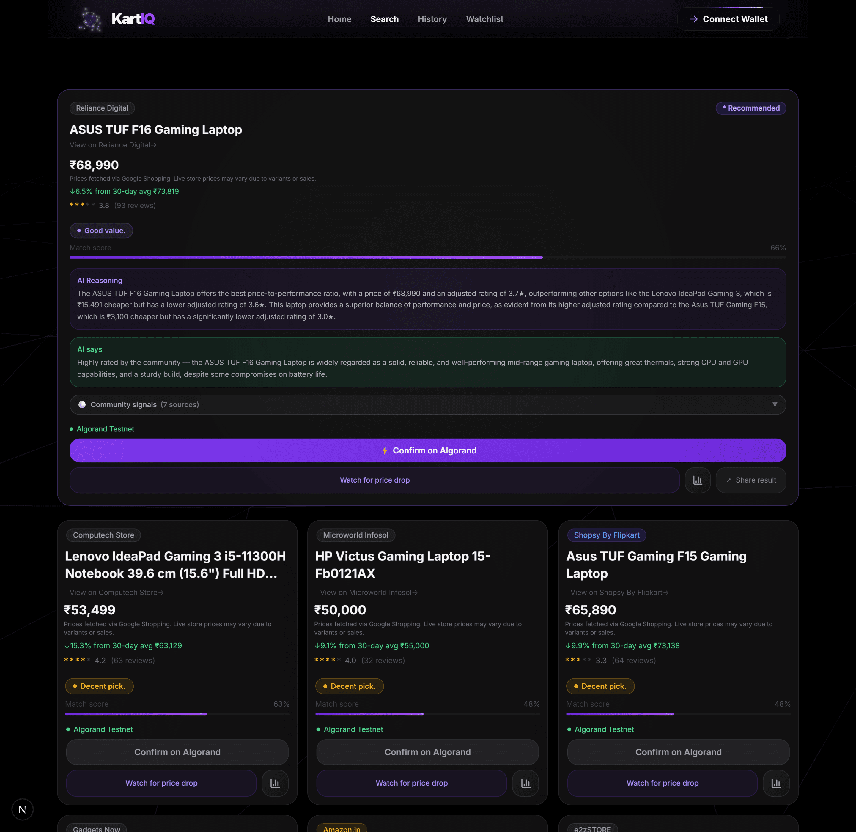 KartIQ search results showing a recommended laptop with AI reasoning