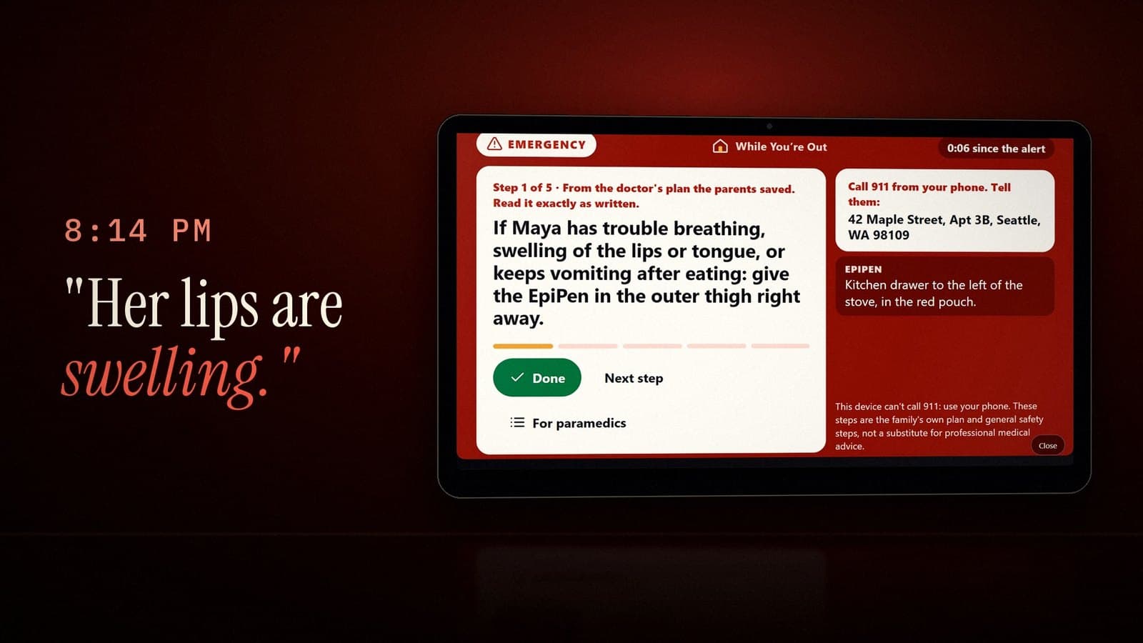 Echo Show emergency screen reading step 1 of the family's allergy plan: give the EpiPen in the outer thigh